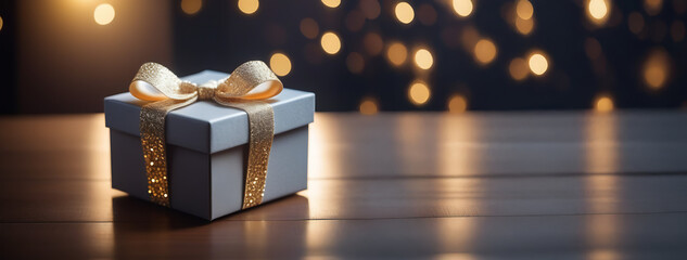 Grey gift box on blured bokeh background