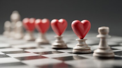 Symbolic chessboard with heart-shaped pieces at varied positions, depicting romantic timing dynamics.
