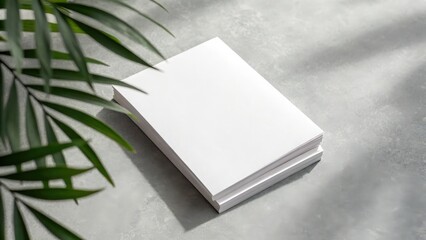 Mockup of stacked white paper on gray surface — exotic plant shadow play with natural lighting