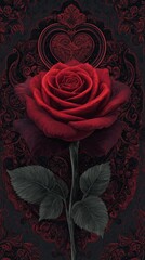 A vivid red rose against a deep black background, accented with elegant floral designs that add a touch of romance and sophistication.Romantic Elegance: Red Rose on Black with Floral Accents. Red Rose