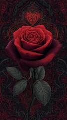 A vivid red rose against a deep black background, accented with elegant floral designs that add a touch of romance and sophistication.Romantic Elegance: Red Rose on Black with Floral Accents. Red Rose
