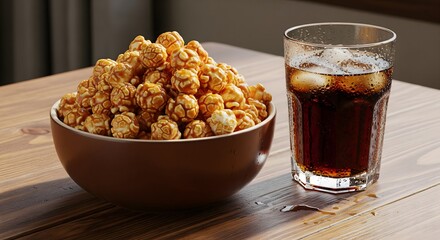 Sweet caramel popcorn paired with a refreshing glass of cola for a perfect movie snack.
