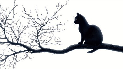 Silhouette of a Black Cat on a Bare Branch