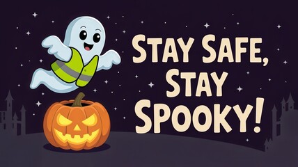 Charming cartoon ghost in a safety vest encouraging fun and spooky vibes during Halloween festivities. Halloween Safety Month