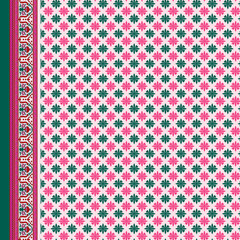 geometric textile pattern with circular motifs and digital printing.