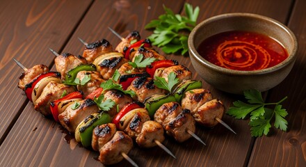 Chicken skewers paired with a rich dipping sauce for an extra burst of flavor.