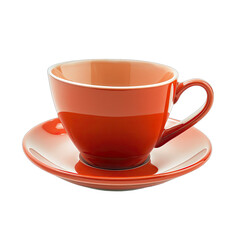 A vibrant, glossy, orange-red teacup and saucer.  The cup has a slightly flared shape and a comfortable handle.  The saucer is a matching color.  Clear, well-lit image