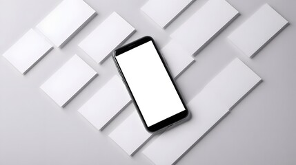 Sleek smartphone with blank screen on modern white cards for elegant product display