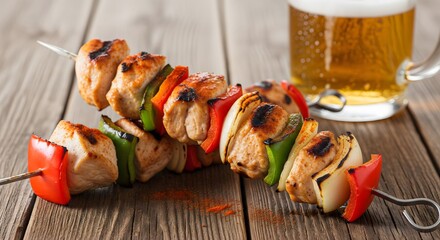 A perfect pairing of grilled chicken skewers with a refreshing cold beer.