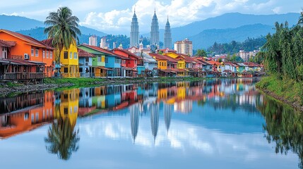 Obraz premium Vibrant Waterfront Houses Mirrored in Serene Lake, with Majestic Twin Towers in Background