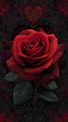 A vivid red rose against a deep black background, accented with elegant floral designs that add a touch of romance and sophistication.Romantic Elegance: Red Rose on Black with Floral Accents. Red Rose