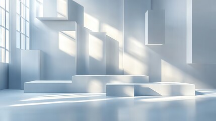 Modern, minimalist, light-filled interior space with geometric shapes