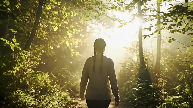 Woman Walking Through Sun Drenched Forest Path With Green Foliage and Sunlight Shining