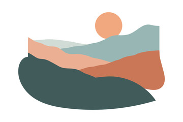 Fototapeta premium Minimalist landscape illustration with earth tones, wavy shapes, and abstract mountain design. Vector format.