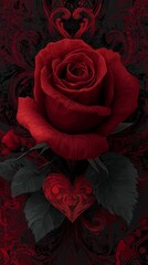 A vivid red rose against a deep black background, accented with elegant floral designs that add a touch of romance and sophistication.Romantic Elegance: Red Rose on Black with Floral Accents. Red Rose
