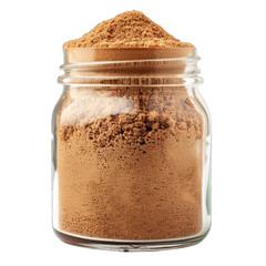 A clear glass jar filled with a light brown powder. The powder mounds slightly above the rim of the jar