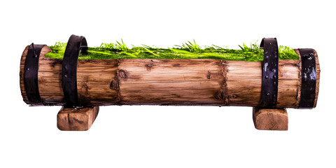 Wooden barrel planter with lush green grass on white