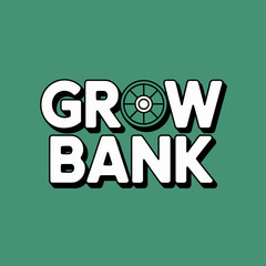 Grow bank logo design featuring bold white lettering with a stylized wheel in the center of the letter o against a dark teal background