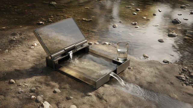 This captivating demonstration showcases an ingenious water purification device set against the serene backdrop of a riverbank.
