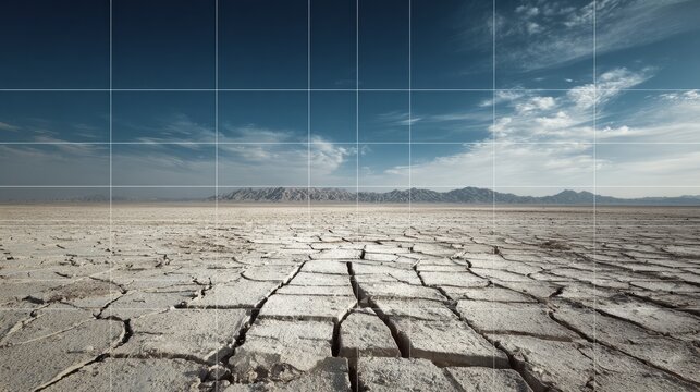 A cracked desert basin with grid lines, representing sudden ecological collapse.
