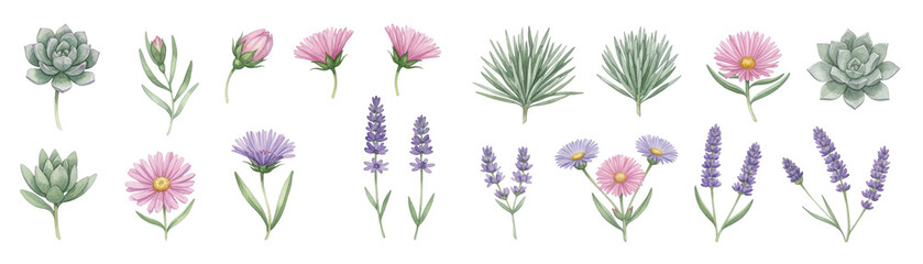 Fototapeta premium A collection of beautiful hand-drawn flowers and succulents in various colors and styles.