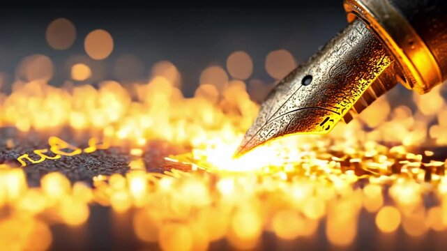 A masterful writer dances with a golden nib, igniting creativity on textured parchment. Sparks fly as ink flows, revealing the magic of written expression within an intimate workspace.