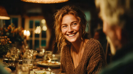 Happy young woman smiling at family dinner