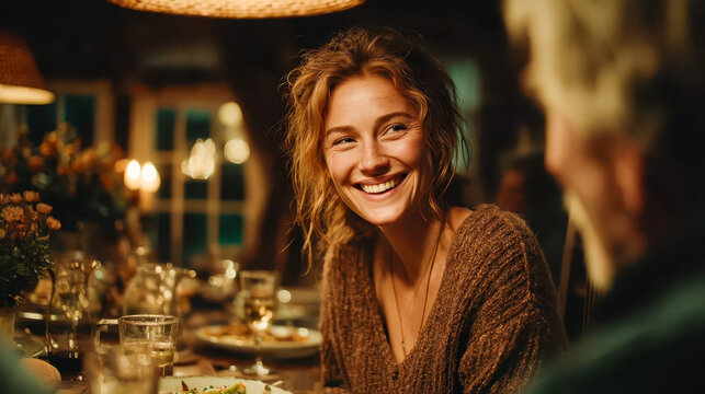 Happy young woman smiling at family dinner - Powered by Adobe