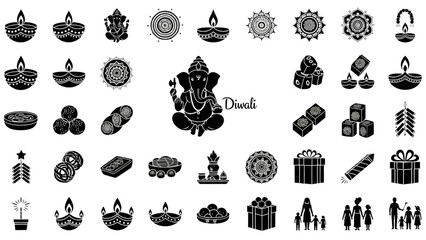 Diwali Celebration Icon Set Diya Lamps Ganesh Rangoli Vector Illustration
