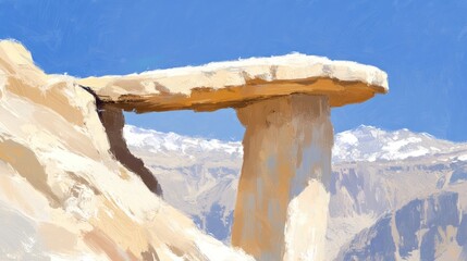 Painted desert landscape featuring a rock formation with snow-capped mountains