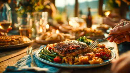 Obraz premium Cozy family dinner with food and drinks on wooden table