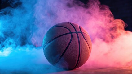Sports ball enveloped in neon smoke — energetic and visually striking basketball concept