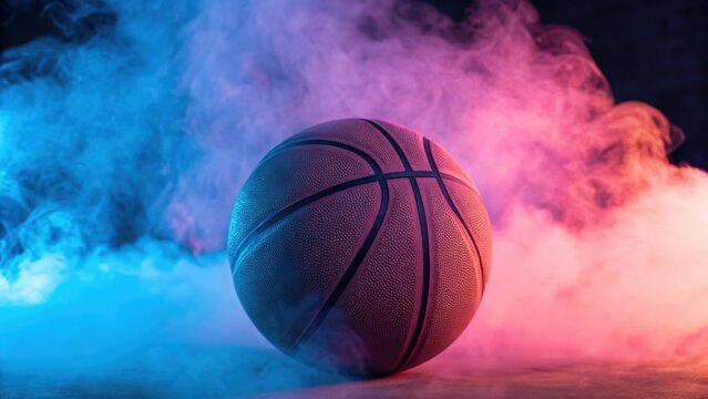 Sports ball enveloped in neon smoke — energetic and visually striking basketball concept
