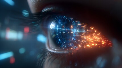 Eye Glimpses Cyber Future; Eye contains digital interface. For AI, Sci-Fi, tech marketing, and conceptual design.