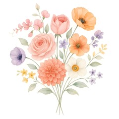 Watercolor floral bouquet illustration featuring roses, dahlias, poppies, anemones, and delicate blossoms in pink, orange, purple, yellow, and white tones with green leaves on white background