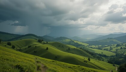 Fototapeta premium Before a light summer rain, rolling green hills are seen beneath a dramatic cloudy sky.