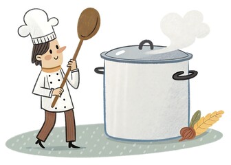 Chef Character Standing Near a Giant Cooking Pot Flat Illustration