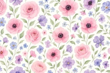Seamless watercolor floral pattern with pink roses, anemones, and purple wildflowers on white background, elegant hand-painted botanical illustration perfect for fabric, wallpaper, wrapping paper,