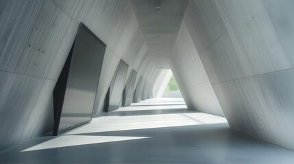 Fototapeta premium Modern architectural hallway with geometric design and minimalist aesthetic leading to natural light