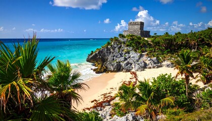 Coastal Mayan ruins on a tropical beach, turquoise water, palm trees