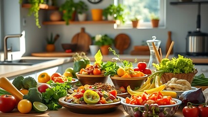 Colorful Mediterranean dishes in sunlit kitchen, symbolizing health and vitality.