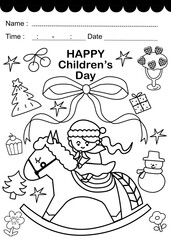 Happy children day, hand drawn png illustration, set of Christmas elements, coloring book with kids, Drawn cute girl in the Christmas, back and white