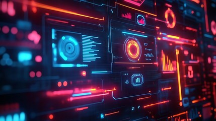 Obraz premium Futuristic digital interface with glowing neon lines and data visualizations, representing technology and information flow.