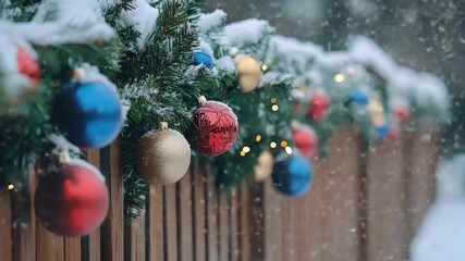 Sleigh bells ring, are you listening? Snow is glistening. A festive scene with Christmas decorations during winter snowfall. - Powered by Adobe