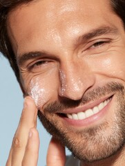 Fototapeta premium Man Applying Skincare Product While Smiling in a Well-Lit Setting During Daytime