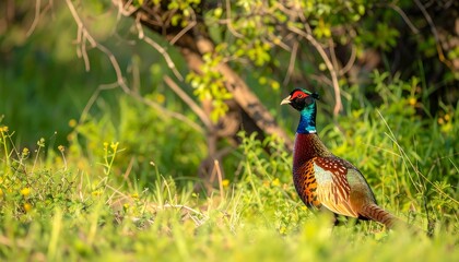 Obraz premium A vibrant pheasant stands in a grassy field, sunlight illuminating its plumage