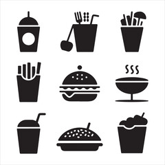Fast food Web Icons Set, solid glyph vector of burger, fries, drink, soda cup, hot dog, ice cream and restaurant meal symbols