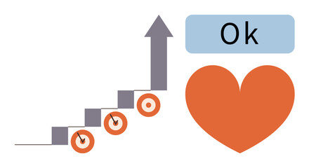 Growth arrow with steps and targets, big heart, Ok text. Ideal for success, motivation, goal setting, self-improvement, achievement emotional well-being teamwork. Simple flat metaphor