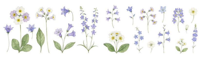 Fototapeta premium A beautiful collection of hand-painted blue and white flowers showcasing their delicate features.