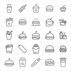 Fast food collection of line style web icons burger, hotdog, fries, soda, pizza slice, snacks and meal elements